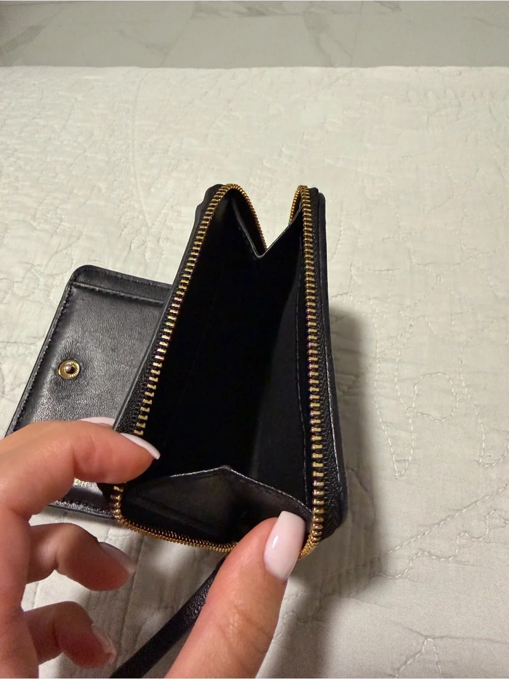 Tory Burch Black Quilted Leather Zip Card Case with Gold Logo